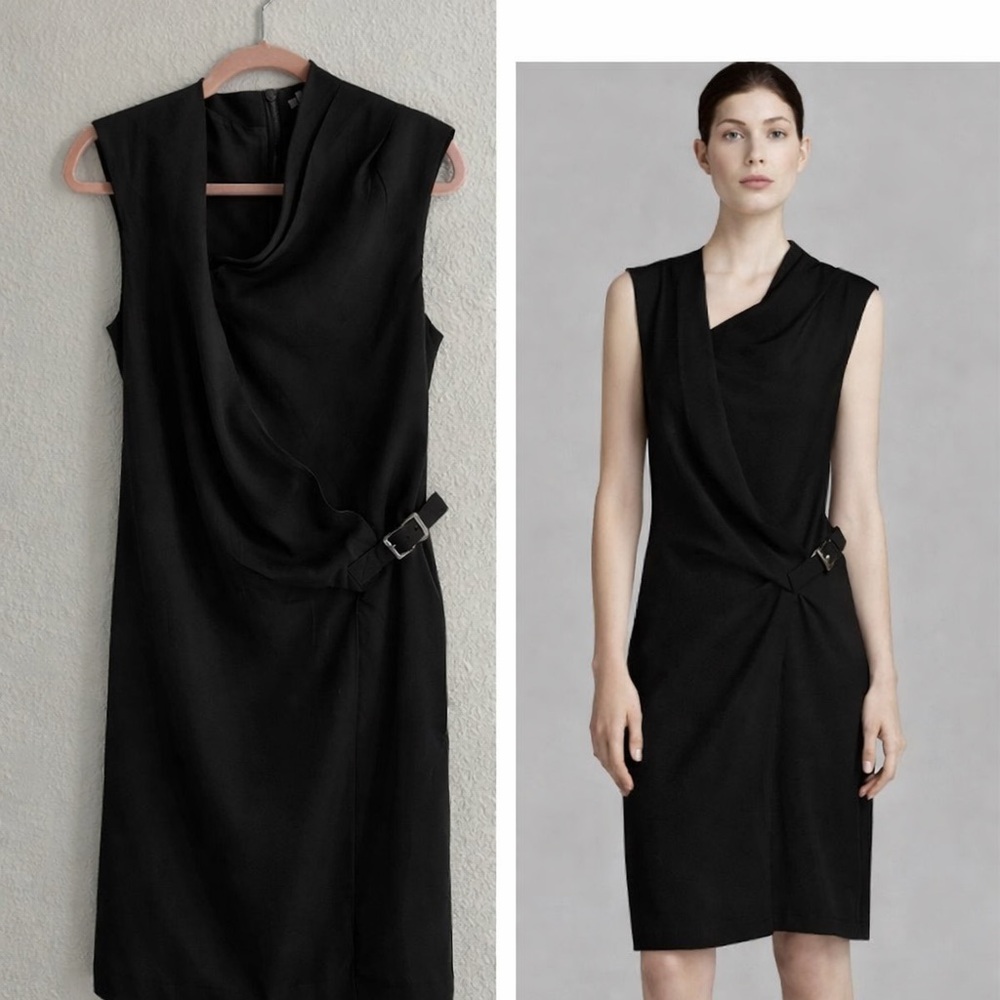 Helmut Lang Black Cowl Faux Wrap Zipper Side Belt Dress Size 6